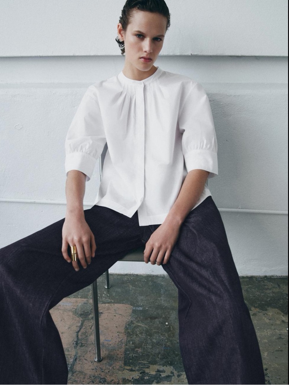 Zara White Half-Sleeve Pleated Button-Front Shirt
